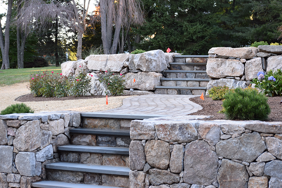 Boulder Retaining Wall and Stairs | Bolton Landscape Design & Masonry Inc.