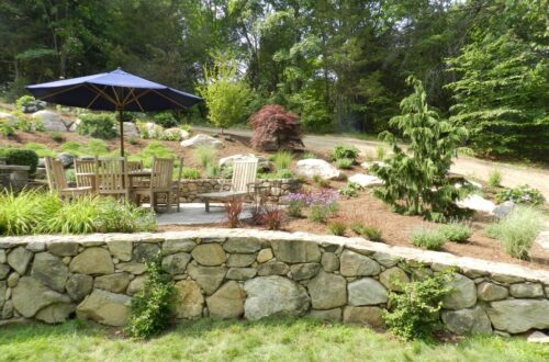 Bolton Landscape Design & Masonry specializing in plantings, sprinkler systems, patios, grills, driveway construction, and grading since 1979.